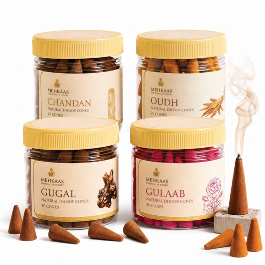 Pack of 4 Natural Incense Cones Daily Pooja Pack - 80 Organic Dhoop Cones | Fragrances - Chandan, Oudh, Gulaab & Guggal