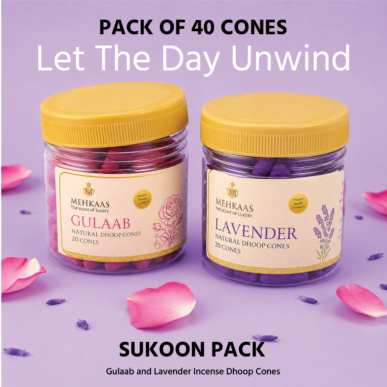 Sukoon Pack, Lavender & Gulaab (Rose) Natural Dhoop Cones | Pack of 40 Bambooless Calming Incense for Home & Relaxation