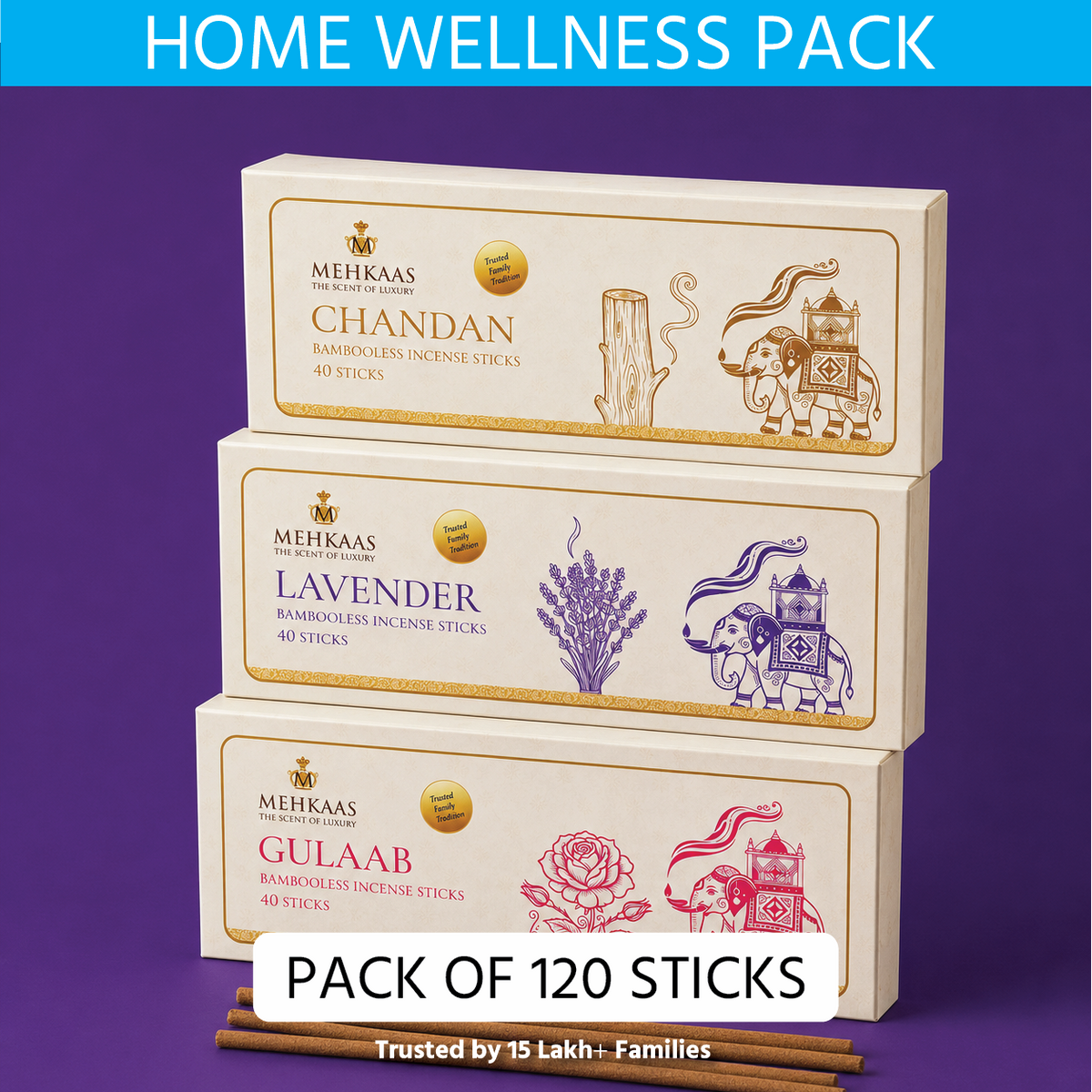 Bambooless Home Wellness Pack of 3, 120 Organic Incense Sticks: Sandalwood (Chandan), Gulaab & Lavender Charcoal Free Natural Agarbatti