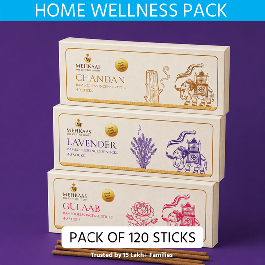 Bambooless Home Wellness Pack of 3, 120 Organic Incense Sticks: Sandalwood (Chandan), Gulaab & Lavender Charcoal Free Natural Agarbatti