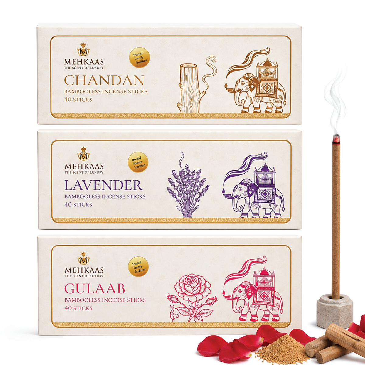 Bambooless Home Wellness Pack of 3, 120 Organic Incense Sticks: Sandalwood (Chandan), Gulaab & Lavender Charcoal Free Natural Agarbatti