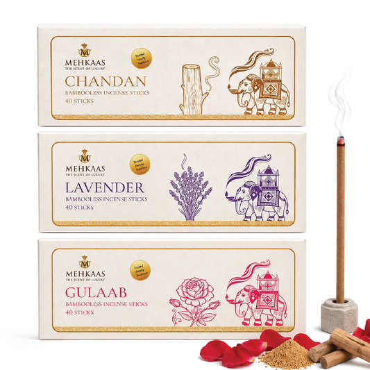 Bambooless Home Wellness Pack of 3, 120 Organic Incense Sticks: Sandalwood (Chandan), Gulaab & Lavender Charcoal Free Natural Agarbatti