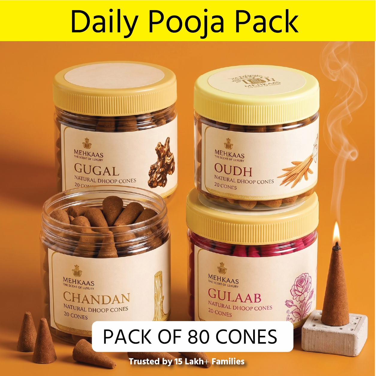 Pack of 4 Natural Incense Cones Daily Pooja Pack - 80 Organic Dhoop Cones | Fragrances - Chandan, Oudh, Gulaab & Guggal