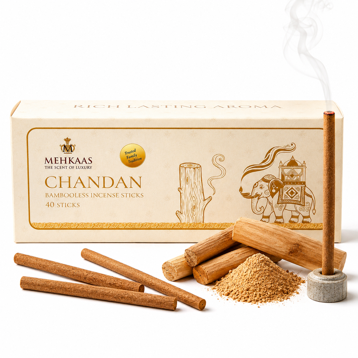 Sandalwood (Chandan) Bambooless Incense Sticks Pack of 40
