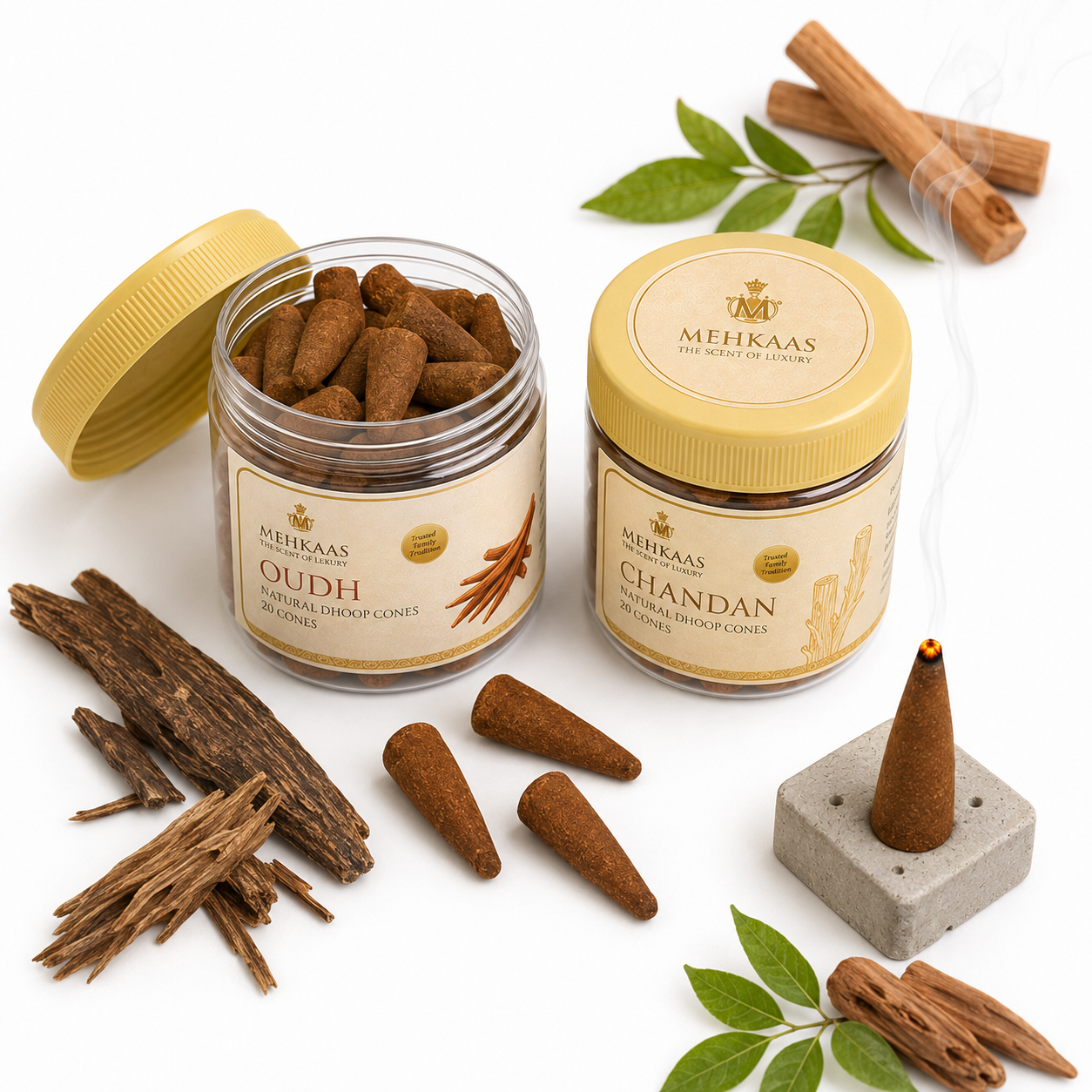 Devotion Pack, Chandan & Oudh Natural Dhoop Cones | Pack of 40 Bambooless Calming Incense for Home & Relaxation