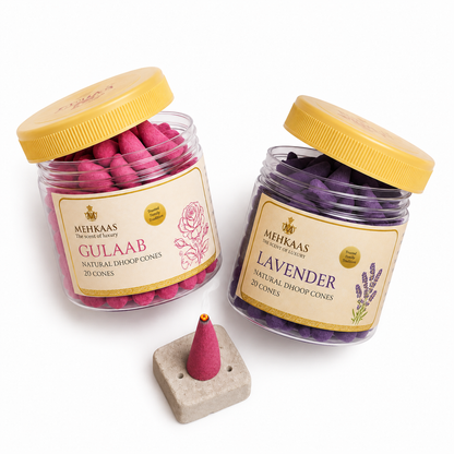 Sukoon Pack, Lavender & Gulaab (Rose) Natural Dhoop Cones | Pack of 40 Bambooless Calming Incense for Home & Relaxation