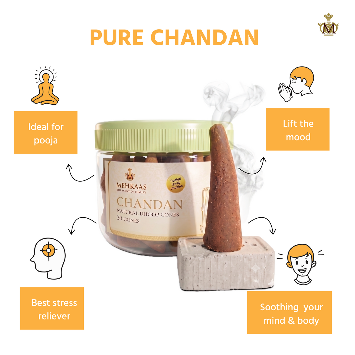 Pure Chandan Sandalwood Dhoop Cones (चंदन) Pack of 20