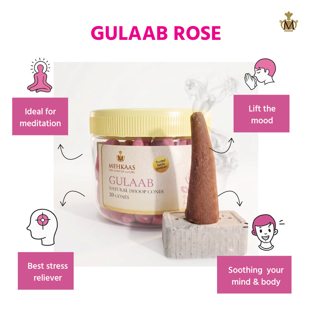 Pure Rose Gulaab Dhoop cones (गुलाब) Pack of 20