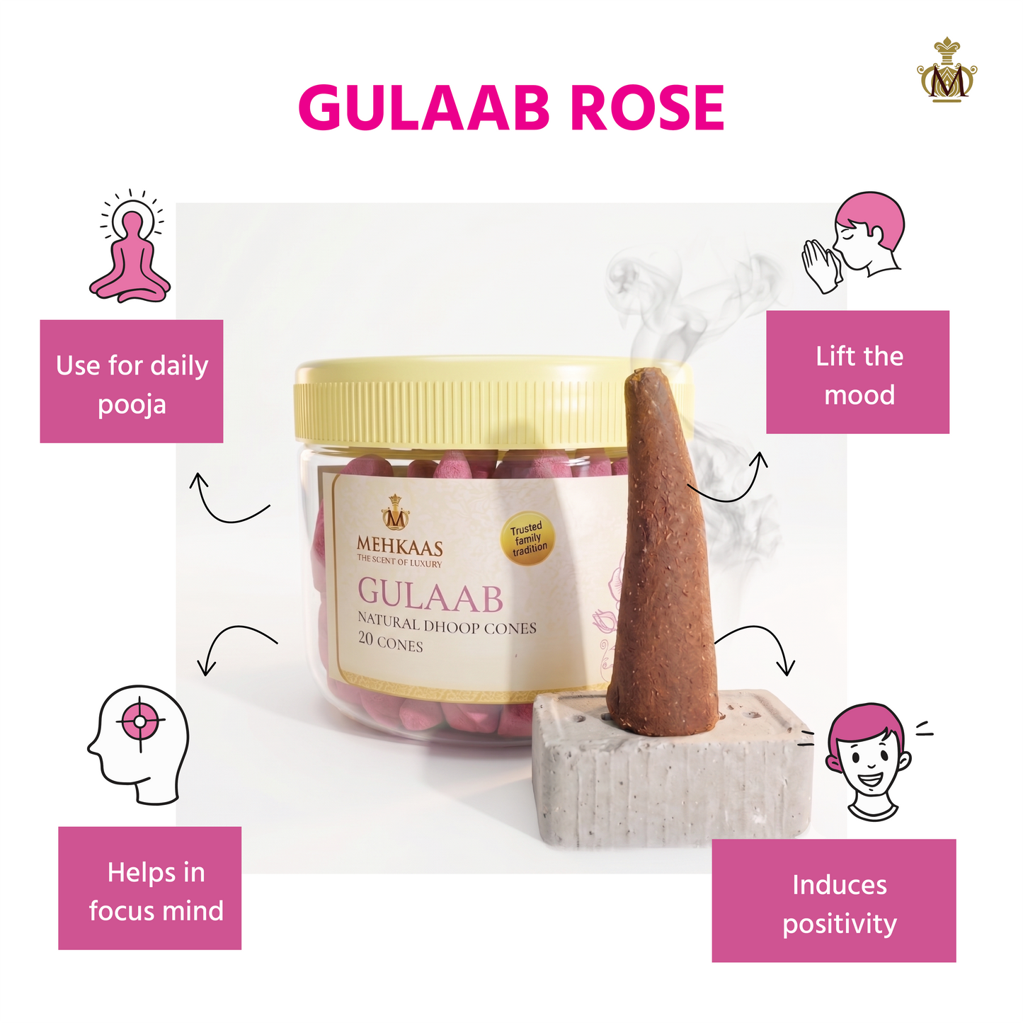 Sukoon Pack, Lavender & Gulaab (Rose) Natural Dhoop Cones | Pack of 40 Bambooless Calming Incense for Home & Relaxation