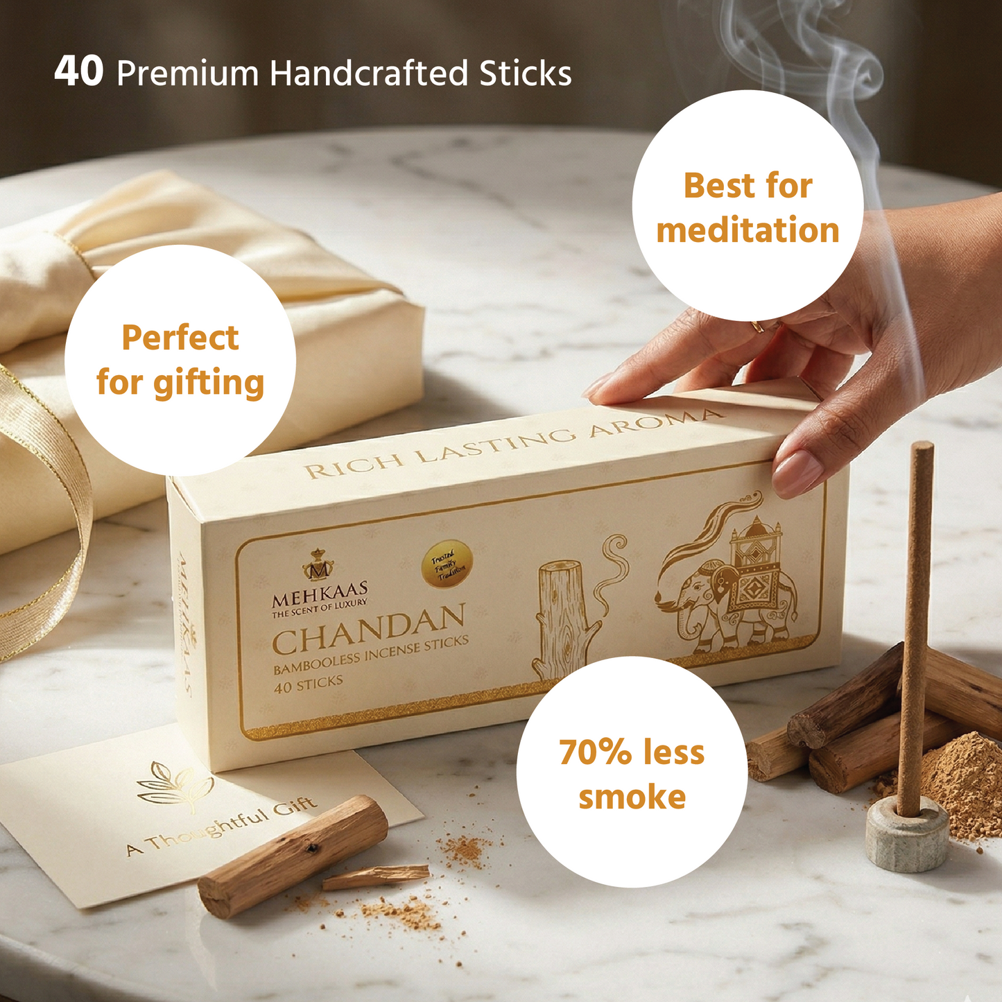Sandalwood (Chandan) Bambooless Incense Sticks Pack of 40